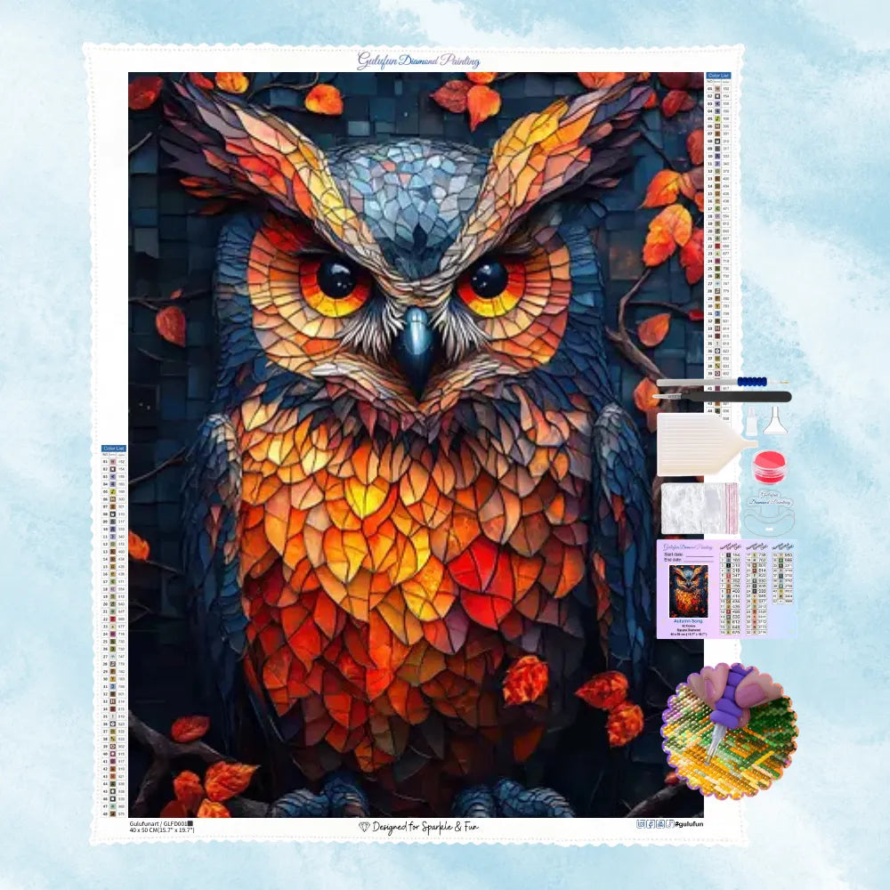 5D Diamond Painting Motiv: Eine majestätische Eule im geometrischen Mosaik-Design, gestaltet in warmen herbstlichen Rot- und Orangetönen.
