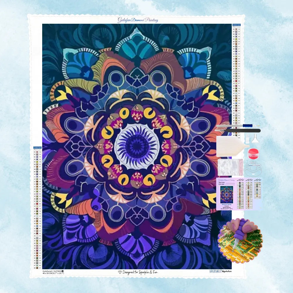 5D Diamond Painting Motiv: Ein symmetrisches, kunstvolles Mandala in tiefem Dunkelblau, Violett und sanften Goldtönen im edlen Boho-Stil.