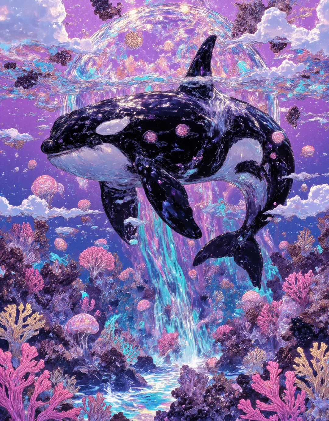 Nahaufnahme der funkelnden Steine und der leuchtenden Neon-Korallen für das kosmische Orca Set
