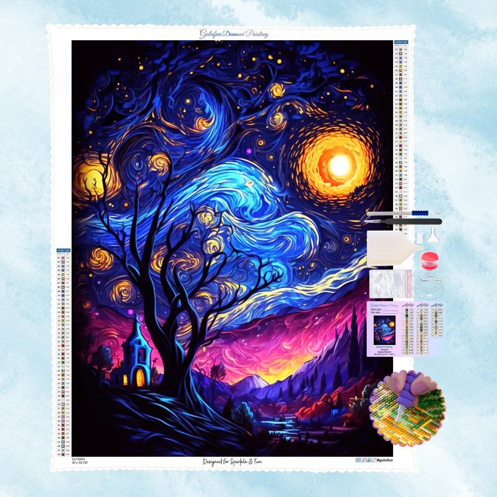 5D Diamond Painting Motiv: Eine moderne, neonfarbene Interpretation der Sternennacht mit wirbelnden blauen und violetten Wolken.