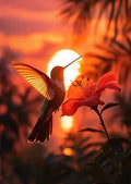 Atemberaubende Nahaufnahme eines Kolibris an einer Tropenblüte im perfekten Gegenlicht der goldenen Stunde mit einem unscharfen, warmen Abendhimmel im Hintergrund.