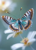 Gestochen scharfe Makrofotografie eines Schmetterlings mit komplexen geometrischen Flügelmustern in Blau und Braun auf einem sanft verschwommenen, blaugrauen Hintergrund.