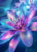 Digitale Fantasy-Kunst einer leuchtenden Blüte mit feinen, glasfaserartigen Linien und funkelnden Lichtpunkten in intensiven, kühlen Neonfarben.