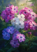 Sanfte, malerische Illustration von Sommerblumen in Pastellfarben mit weichem Fokus, umgeben von grünen Blättern und einer warmen Lichtstimmung.