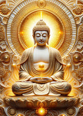 Majestätische Illustration eines goldenen Buddhas mit strahlender Aura und aufwendigen Verzierungen im skulpturalen Stil.