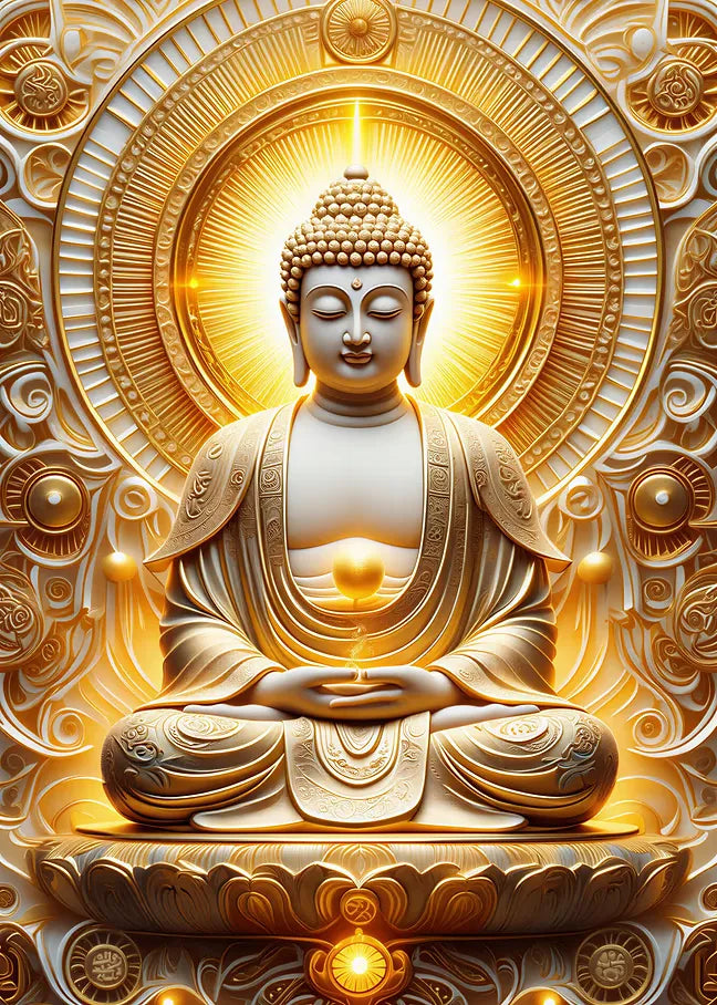Majestätische Illustration eines goldenen Buddhas mit strahlender Aura und aufwendigen Verzierungen im skulpturalen Stil.