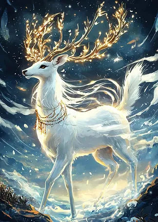 Fantastische Illustration eines weißen Hirsches mit goldenem Geweih und ätherischen Lichteffekten in einer magischen Schneelandschaft.