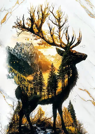Künstlerische digitale Illustration eines Hirsches im Doppelbelichtungs-Stil mit Bergen, Wald und goldenen Lichteffekten auf weißem Marmor.