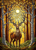 Kunstvolle Illustration eines Hirsches zwischen Bäumen im Stil eines antiken Bleiglasfensters in warmen Gold-, Gelb- und Bernsteintönen.