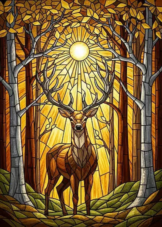 Kunstvolle Illustration eines Hirsches zwischen Bäumen im Stil eines antiken Bleiglasfensters in warmen Gold-, Gelb- und Bernsteintönen.