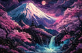 Mystische Illustration einer japanischen Landschaft mit schneebedecktem Berg, Tempel und blühenden Kirschbäumen in Purpur.