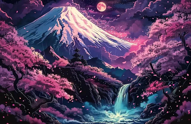 Mystische Illustration einer japanischen Landschaft mit schneebedecktem Berg, Tempel und blühenden Kirschbäumen in Purpur.