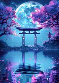 Fantasievolle Illustration eines japanischen Schreintors bei Nacht mit gigantischem Mond und leuchtenden Kirschbäumen.
