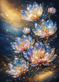 Digitale Fantasy-Kunst von gläsernen, kristallinen Blüten, die im kosmischen Licht und goldenen Nebel funkeln.