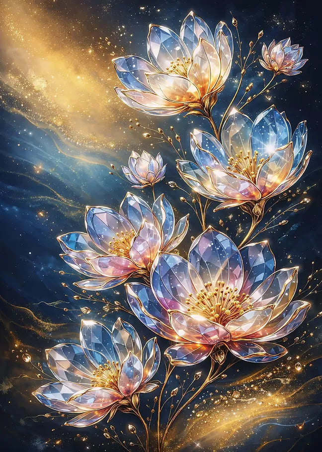 Digitale Fantasy-Kunst von gläsernen, kristallinen Blüten, die im kosmischen Licht und goldenen Nebel funkeln.