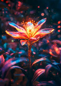 Fantastische digitale Kunst einer leuchtenden Blüte mit intensiven Neonfarben und schimmernden Partikeln vor einem dunklen Bokeh-Hintergrund.