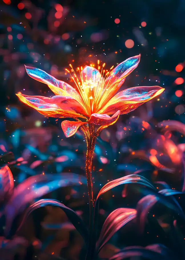 Fantastische digitale Kunst einer leuchtenden Blüte mit intensiven Neonfarben und schimmernden Partikeln vor einem dunklen Bokeh-Hintergrund.