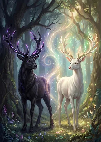 Faszinierende digitale Kunst von zwei mystischen Hirschen, die Licht und Dunkelheit verkörpern, umgeben von magischen Lichtwirbeln in einem Wald.