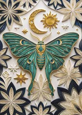 Detailreiches Kunstwerk einer smaragdgrünen Motte im Stil von 3D-Papierquilling mit Mond und Sonne.