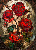 Detaillierte Illustration eines antiken Bleiglasfensters mit prächtigen roten Rosen, dunklen Bleikonturen und warmem, durchscheinendem Gegenlicht.