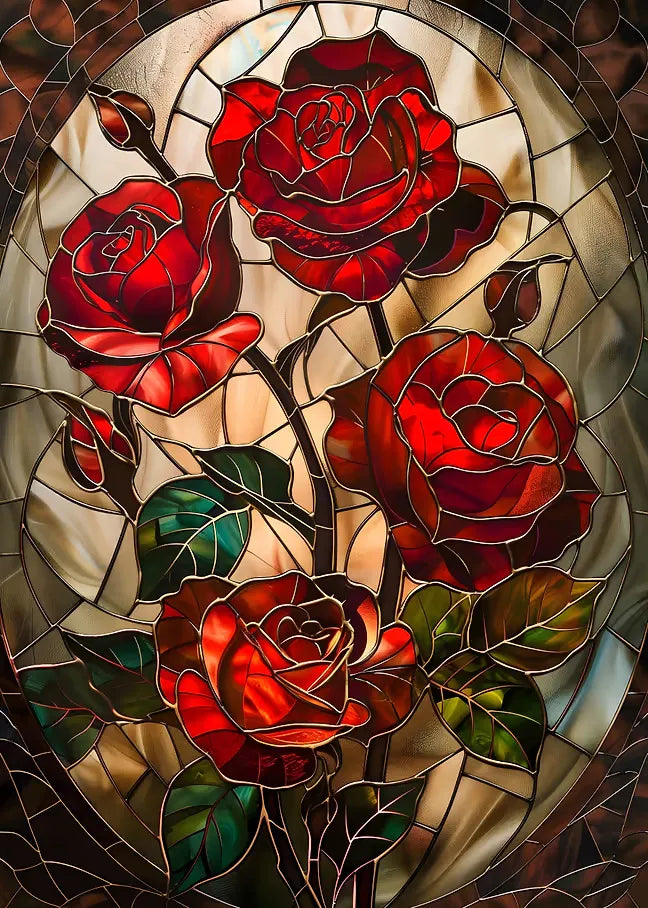 Detaillierte Illustration eines antiken Bleiglasfensters mit prächtigen roten Rosen, dunklen Bleikonturen und warmem, durchscheinendem Gegenlicht.