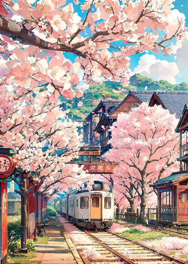 Lebhafte Anime-Illustration eines Zuges an einem Bahnhof mit traditionellen Holzhäusern, eingebettet in eine wunderschöne Frühlingslandschaft mit Kirschblüten.