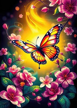 Künstlerische Illustration eines strahlenden Schmetterlings in einer magischen Blumenlandschaft mit warmem Glow-Effekt.