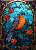Kunstvolle Illustration eines Vogels im Stil eines antiken Bleiglasfensters mit leuchtend blauem Mosaik-Hintergrund und roten floralen Details.