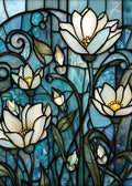 Künstlerische Darstellung von weißen Blüten und grünen Blättern im Tiffany-Bleiglas-Design mit dynamischen schwarzen Konturen und blauem Textur-Hintergrund.