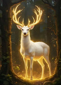 Fantasy-Illustration eines weißen Hirsches mit goldenem Lichteffekt und schwebenden Funken in einer stimmungsvollen Waldkulisse.