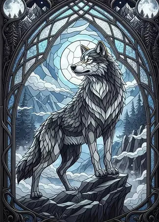 Künstlerische Grafik eines Wolfes im Stil eines gotischen Bleiglasfensters unter einem leuchtenden Vollmond in kühlen Blautönen.