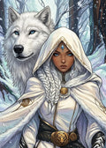 Detaillierte Fantasy-Illustration einer jungen Frau in weißer Kapuze neben einem großen, treuen weißen Wolf im verschneiten Wald.