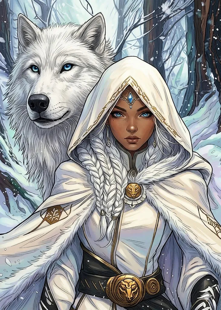Detaillierte Fantasy-Illustration einer jungen Frau in weißer Kapuze neben einem großen, treuen weißen Wolf im verschneiten Wald.
