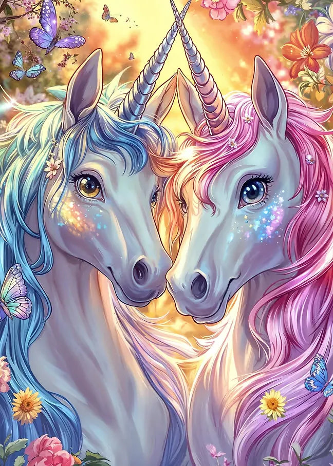 Fantastische Illustration von zwei Einhörnern in einer magischen Lichtung mit pastellfarbenen Details, goldenem Licht und floralen Elementen.