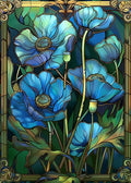 Künstlerische Illustration von blauen Mohnblumen im Stil eines antiken Bleiglasfensters mit leuchtender Farbstruktur.