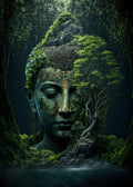 Spirituelle Illustration eines Buddha-Gesichts, das eins mit der Natur und grünen Bäumen im dichten Urwald wird.