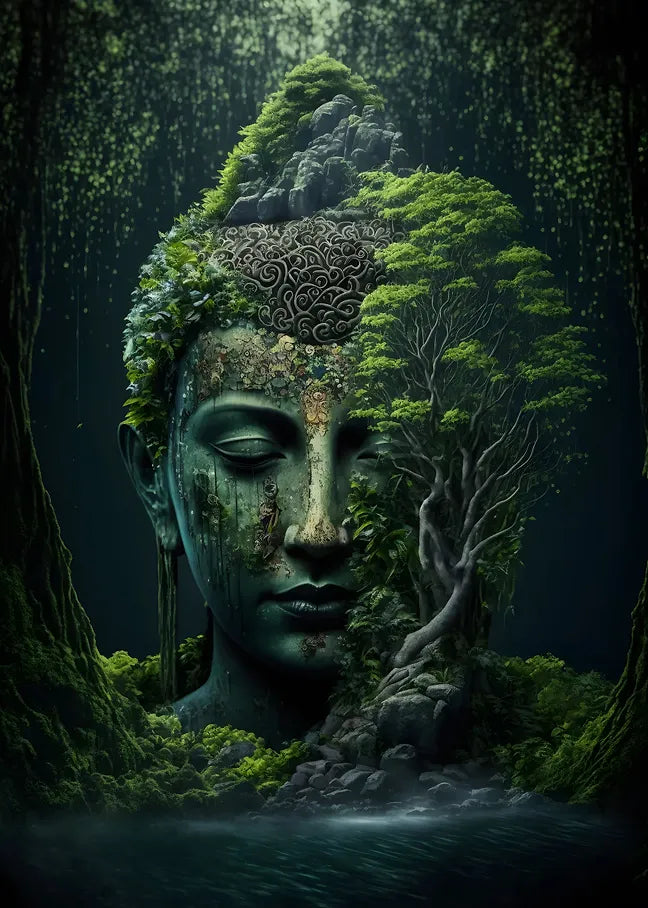 Spirituelle Illustration eines Buddha-Gesichts, das eins mit der Natur und grünen Bäumen im dichten Urwald wird.
