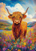 Farbenfrohe expressionistische Illustration eines Highland-Rinds auf einer blühenden Wiese mit strukturiertem Himmel.