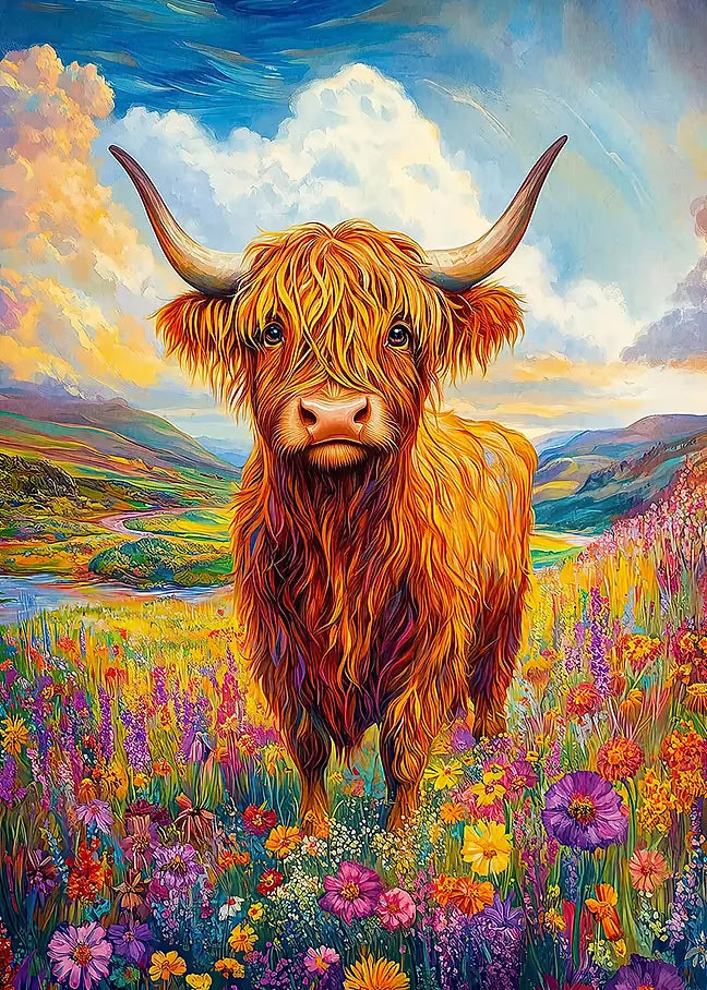 Farbenfrohe expressionistische Illustration eines Highland-Rinds auf einer blühenden Wiese mit strukturiertem Himmel.