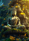 Atmosphärische Illustration eines antiken Buddha-Heiligtums im Dschungel mit realistischen Texturen und goldenem Lichtspiel.