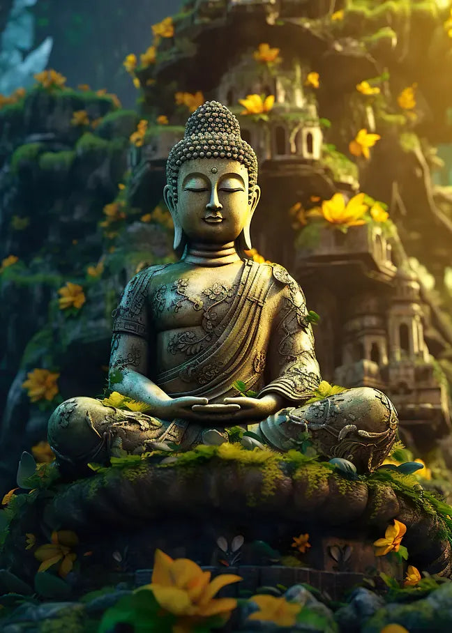 Atmosphärische Illustration eines antiken Buddha-Heiligtums im Dschungel mit realistischen Texturen und goldenem Lichtspiel.