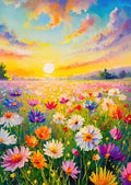 Farbenfrohes Ölgemälde einer Sonnenblumenwiese mit dicken Pinselstrichen and texturierter Oberfläche im Impasto-Stil.