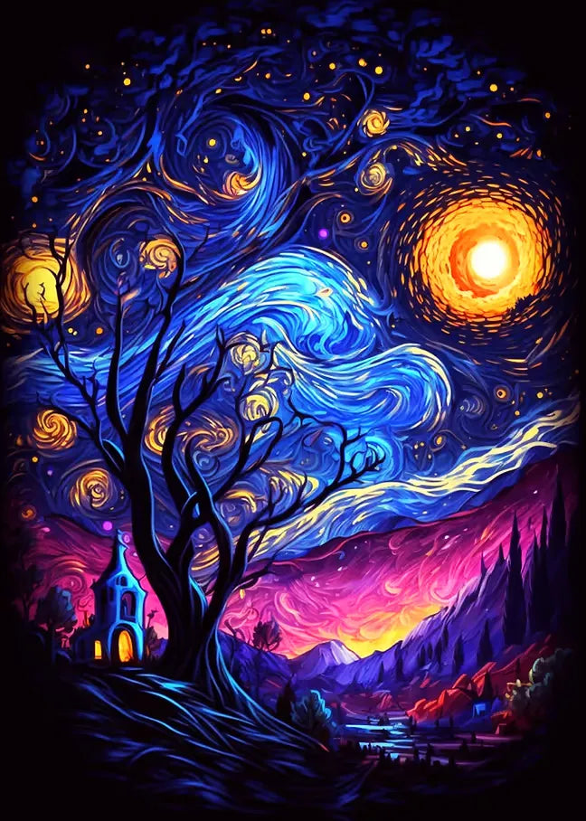 Künstlerische Illustration einer magischen Landschaft mit wirbelnden Sternen und leuchtenden Neonfarben im Stil des Expressionismus.