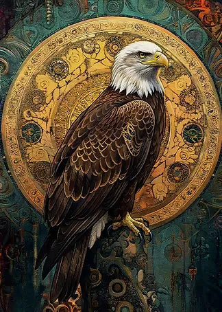 Majestätische Illustration eines Weißkopfseeadlers im Vintage-Stil vor einem prächtigen goldenen Heiligenschein oder Mandala.