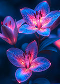 Digitale Illustration von leuchtenden, biolumineszenten Blüten in lebhaften Magenta- und Blautönen vor dunklem Hintergrund.