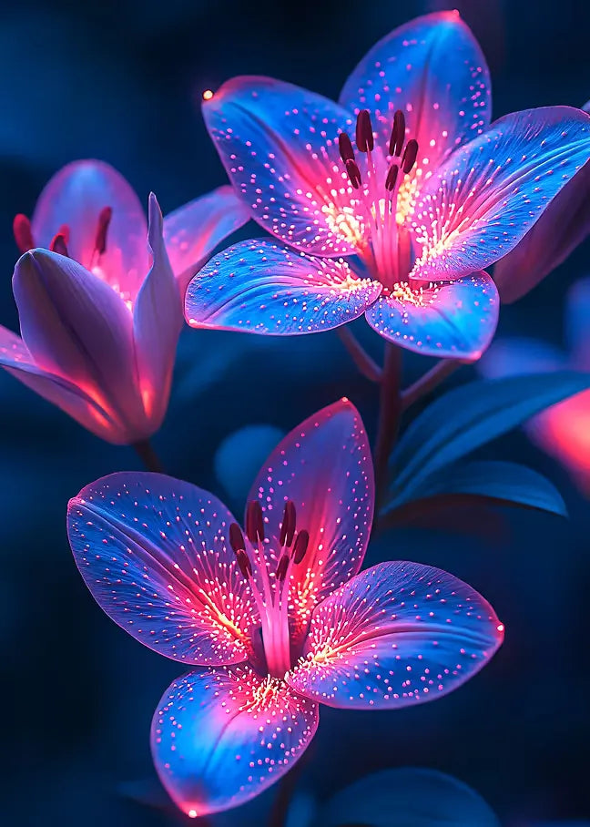 Digitale Illustration von leuchtenden, biolumineszenten Blüten in lebhaften Magenta- und Blautönen vor dunklem Hintergrund.