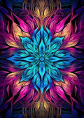 Abstrakte digitale Illustration einer leuchtenden Blüte in Form eines Mandalas mit lebendigen Neon-Farben und fließenden Details.