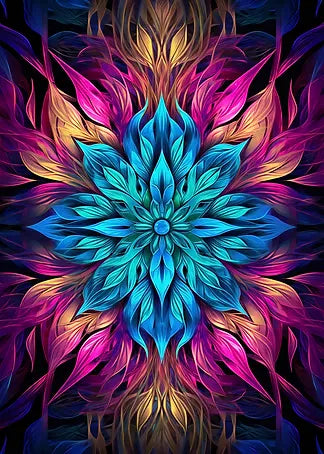 Abstrakte digitale Illustration einer leuchtenden Blüte in Form eines Mandalas mit lebendigen Neon-Farben und fließenden Details.