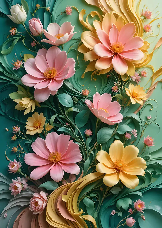 Digitale Kunst von dreidimensionalen Blüten in sanften Pastellfarben mit kunstvoll geschwungenen, bandartigen Blättern im Quilling-Stil.