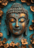 Detaillierte 3D-Illustration eines Buddha-Gesichts aus Bronze mit goldener Patina, umrahmt von metallischen Blumen auf türkisblauem Grund.